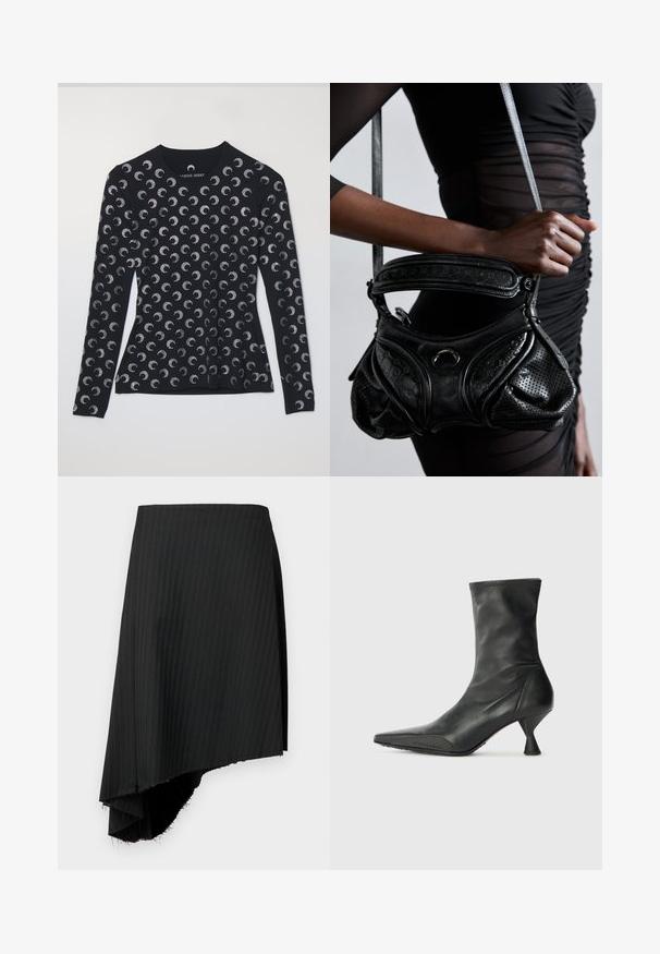 Ilga rankovė juoda palaidinė su kartojančiu sidabriniu mėnulio mėnuliuku raštu, pagaminta iš minkštos medžiagos, su apvaliu iškirpimu ir prigludusia siluetu.; Juodas striukinis sijonas su asimetrine apatine dalimi, turintis žaliavas. Pagamintas iš lengvos medžiagos su glotnia tekstūra.; Juoda odinė kulkšniniu boot su smailiu pirštu, tekstūruotu pirštų dangčiu ir siauru, kūgišku kulnu. Lygus paviršius su subtiliomis siuvimo detalėmis.; Juodas odinis rankinės maišelis su perforuotu tekstūru, kreivais kontūrais ir apvaliu rankena. Akcentai - blizgi apvali metalinė detalė.
