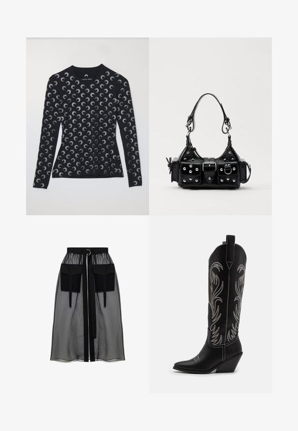 Dugi rukav crni top s ponavljajućim srebrnim uzorkom polumjeseca, izrađen od mekanog materijala, s okruglim izrezom i uskim dizajnom.; Crna prozirna suknja s nabranim pojasom, koja ima dva velika prednja džepa, remen oko struka i okrugli metalni detalj.; Crne kožne kauboj čizme s šiljastim prstima, klinastim potpeticama i srebrnim izvezenim cvjetnim uzorcima duž osovine. Kontrastni šavovi posvuda.; Crna kožna torba s zakrivljenim dizajnom, koja sadrži srebrne zakovice, kopču i dva bočna džepa. Podesiva traka za različite opcije nošenja.