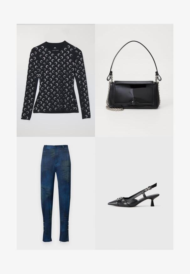 Long-sleeve black top featuring a repeating silver crescent moon pattern, made of soft fabric, with a round neckline and a fitted design.; Blue and green patterned trousers with a slim fit, featuring a smooth texture and decorative button accents at the ankle.; Black leather slingback shoe with a pointed toe, decorative straps featuring metal eyelets, and a low block heel. Textured surface.; Black patent leather handbag with a rectangular shape, chain strap, and a distinctive hardware accent in the center. Smooth texture.