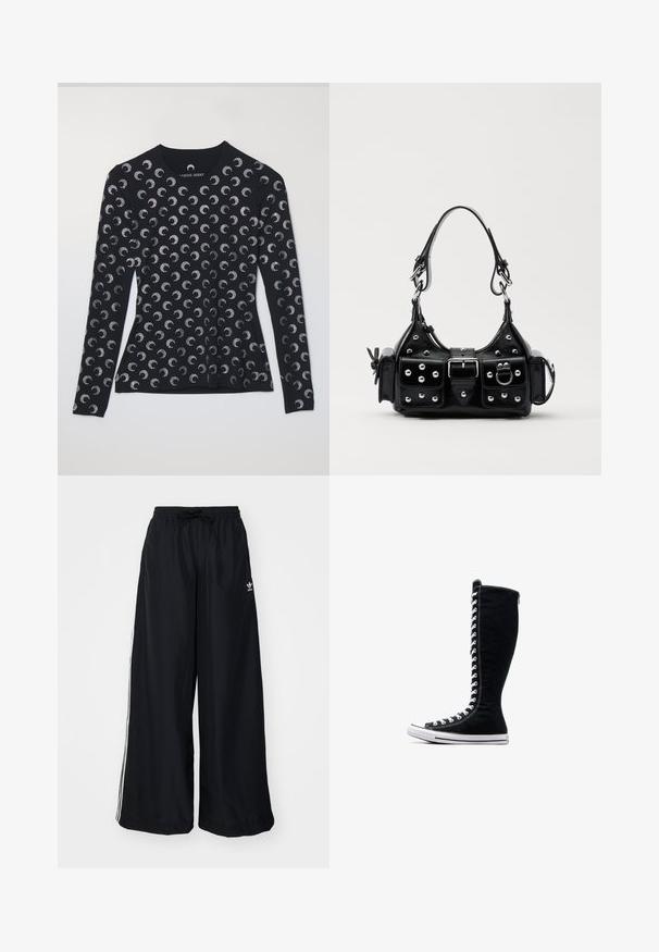 Langärmliges schwarzes Oberteil mit einem sich wiederholenden silbernen Halbmondmuster, aus weichem Stoff, mit Rundhalsausschnitt und tailliertem Schnitt.; Schwarze weite Hosen aus leichtem Material. Mit elastischem Bund und Kordelzug sowie weißen Seitenstreifen. Markenlogo auf der Hüfte.; Schwarze High-Top-Sneaker mit hohem Design, aus Canvas. Sie verfügen über weiße Schnürsenkel, Nähte und eine Gummisohle mit einer Zehenkappe.; Schwarze Lederhandtasche mit einem geschwungenen Design, verziert mit silbernen Nieten, einer Schnalle und zwei seitlichen Taschen. Verstellbarer Träger für verschiedene Tragemöglichkeiten.