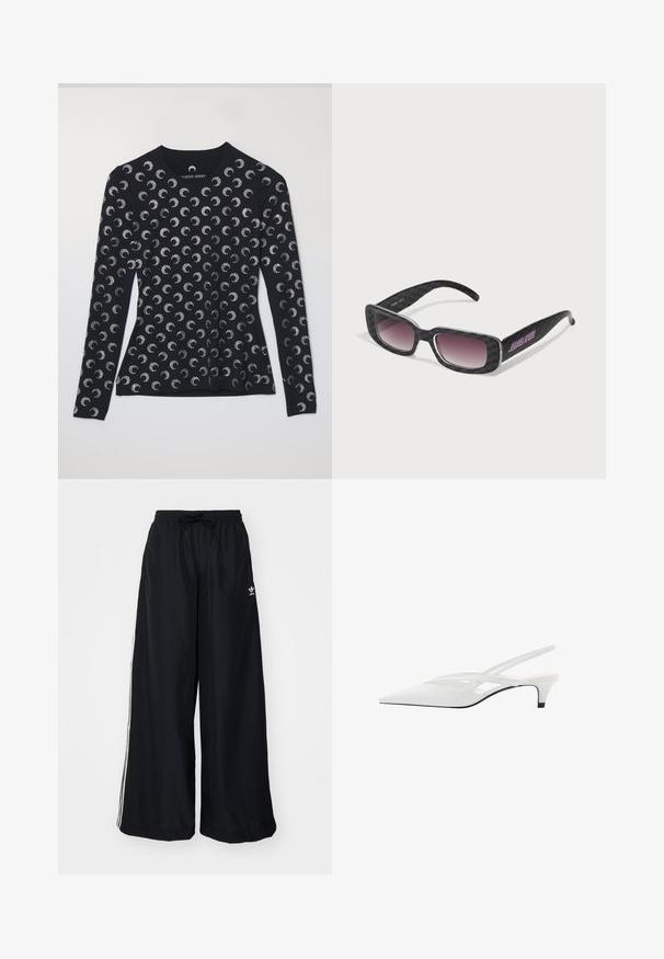Dugi rukav crni top s ponavljajućim srebrnim uzorkom polumjeseca, izrađen od mekanog materijala, s okruglim izrezom i uskim dizajnom.; Crne široke hlače od lagane tkanine. Imaju elastičnu struk i vezicu, a s donje strane su ukrašene bijelim trakama. Logo branda se nalazi na kukovima.; Bijela slingback potpetica s oštrom punta, koja ima glatki gornji dio, suptilne izreze i nisku blok potpeticu. Crna potplata naglašava dizajn.; Sunčane naočale s crnim kariranim dizajnom, kvadratnim okvirom, gradientnim lećama i ljubičastim detaljem s logotipom na jednom kraku.