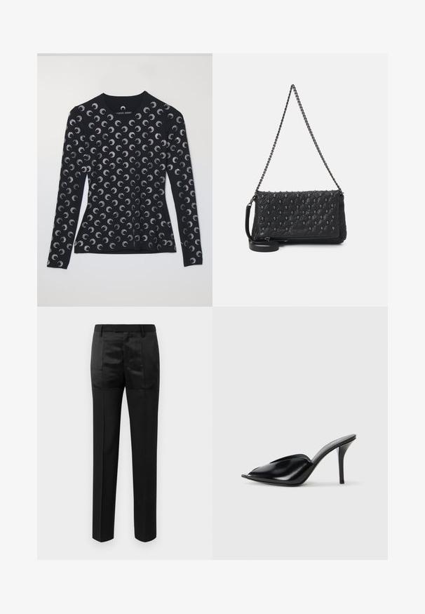 Long-sleeve black top featuring a repeating silver crescent moon pattern, made of soft fabric, with a round neckline and a fitted design.; Black tailored trousers with straight legs and a waistband with belt loops, featuring a mix of matte and shiny fabric panels.; Black leather high-heeled mules with an open toe, pointed design, smooth texture, and a slim stiletto heel.; Black quilted leather bag with a chain strap, featuring skull accents and a zip closure. Textured surface with a glossy finish.