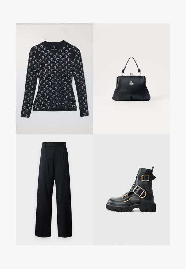 Long-sleeve black top featuring a repeating silver crescent moon pattern, made of soft fabric, with a round neckline and a fitted design.; Wide-leg trousers in dark navy, featuring a button closure, front pleats, and smooth fabric with a clean, tailored design.; Black leather ankle boot with chunky sole, featuring multiple straps and gold hardware accents. Smooth texture, rugged design.; Black leather handbag with a textured surface, silver hardware, clasp closure, and a short handle for carrying. Compact and structured design.