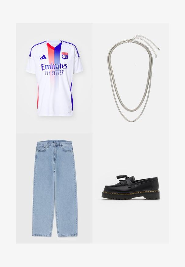 Hvid atletisk trøje med gradient rød og blå striber, forsynet med "Emirates" logo og "OL" emblem, lavet af glat, let materiale.; Lyseblå denimjeans med straight leg-design, der har en mid-rise talje, fem lommer og en lukning med knap og lynlås.; Sort læderloafer med en frynsedetalje, der har en kraftig sort sål og gul syninger langs kanten. Teksturert overflade.; Tre-lags sølvmetal halskæde med slanke, flexible kæder med en let glans, sikret med en hummerlås og justerbar kæde.