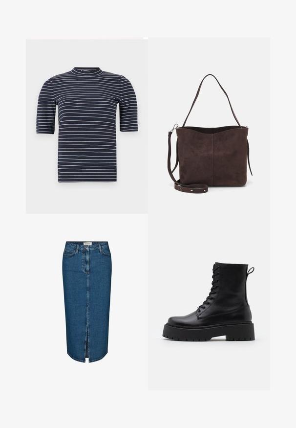 Camiseta de manga corta azul marino con rayas blancas horizontales, que presenta un cuello alto y una textura suave y ajustada.; Falda lápiz de mezclilla en azul oscuro, con una abertura frontal, cinco bolsillos y costuras en contraste. Cintura de altura media con un diseño clásico.; Botas de cuero negras hasta el tobillo con punta redonda, cordones en la parte delantera y una suela de goma gruesa con un dibujo texturizado. Tirador en la parte trasera.; Bolso tote de ante marrón con una textura suave, que presenta una sola correa para el hombro y una sutil apertura curva en la parte superior. Sin detalles de herrajes visibles.