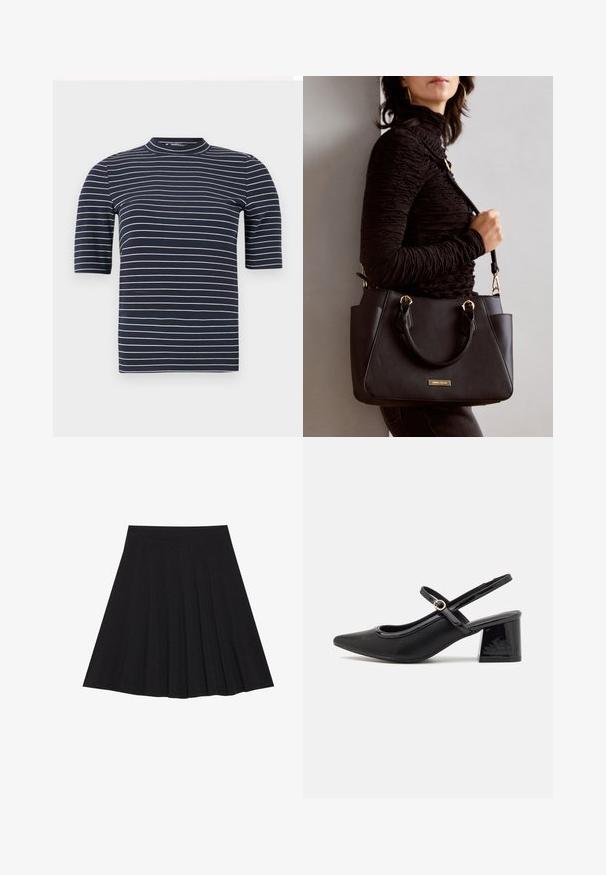 Navy zila īsām piedurknēm T-kreklā ar horizontālām baltām svītrām, ar augstu apkakli un gludu, cieši pieguļošu tekstūru.; Melna plisētā svārku ir izgatavota no teksturēta auduma ar ietilpīgu jostasvietu. Svārki ir līdz ceļiem un tiem ir gluda, tīra silueta.; Melns patentēts ādas sandales ar norādīta pirksta formu, noapaļotu izgriezuma dizainu un bloķētu papēdi. Iezīmēta ar zelta toņa sprādzi.; Melnā rokassoma ar teksturētu virsmu, diviem augšējiem rokturiem un regulējamu pleca siksnu. Iespējas ar zelta krāsas aparatūru un sānu kabatām.