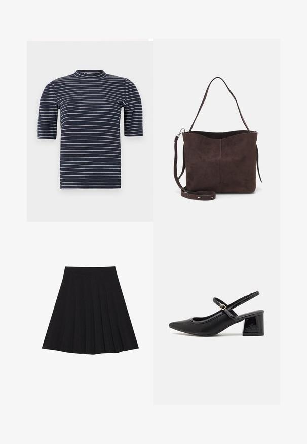 Mørkeblå kortærmet t-shirt med vandrette hvide striber, med en høj krave og en glat, tætsiddende tekstur.; Sort plisseret nederdel lavet af struktureret stof med en tætsiddende talje. Faldende til knæ længde og har en glat, ren silhuet.; Sorte patentlæder slingback hæle med spids tå, rund udskæring og blokhæl. Har en guldtonet spændeaccents.; Brun ruskinds tote bag med en blød tekstur, der har en enkelt skulderrem og en diskret buet topåbning. Ingen synlige hårde detaljer.