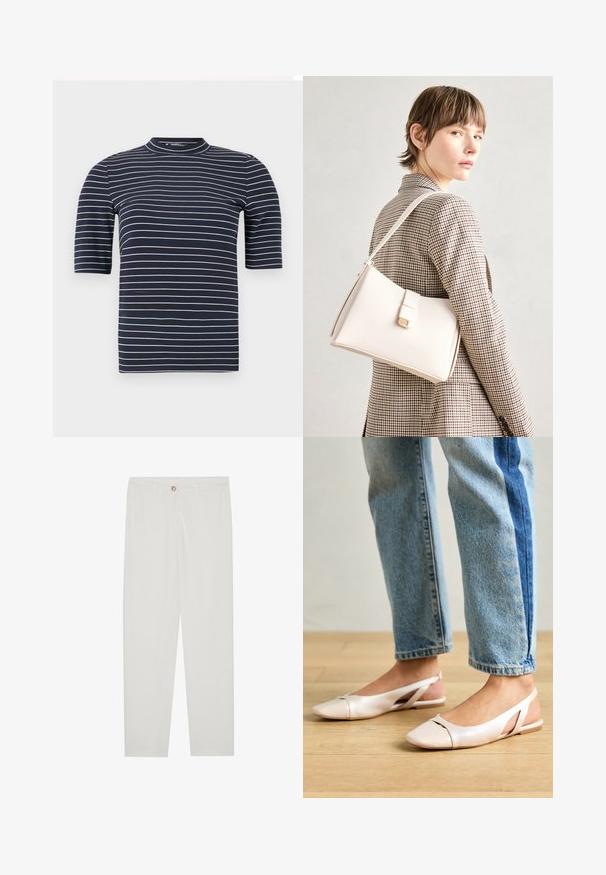 Sötétkék, rövid ujjú póló vízszintes fehér csíkokkal, magas nyakkivágással és sima, testhezálló textúrával.; Fehér, testreszabott nadrág egyenes szárú szabással, gombos záródással, övcsatolókkal és oldalsó zsebekkel; sima textúrájú anyag.; Világos rózsaszín slingback laposlábú cipők, hegyes orral, sima bőrhatású anyagból készült. Oldalt kivágott részletek találhatók rajta, valamint lapos sarkú.; Fehér bőr táska strukturált dizájnnal, mágneses záródással és vállpánttal, semleges háttér előtt bemutatva.