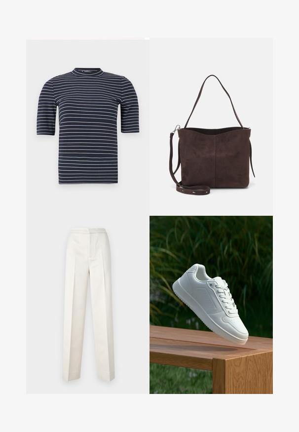 Marineblaues Kurzarm-T-Shirt mit horizontalen weißen Streifen, ausgestattet mit einem hohen Kragen und einer glatten, körpernahen Textur.; Cremfarbene Hosen mit figurbetonter Passform, gerader Beine, glattem Stoff, vorderen Falten und sauberem Saum. Minimalistisches Design.; Weiße Sneaker mit einem glatten, synthetischen Obermaterial, perforierter Zehenbox, flachen Schnürsenkeln und einer strukturierten Sohle, präsentiert auf einer Holzoberfläche.; Braune Wildleder-Tasche mit weicher Textur, ausgestattet mit einem einzelnen Schulterriemen und einer dezenten, gewölbten Öffnung an der Oberseite. Keine sichtbaren Beschläge.
