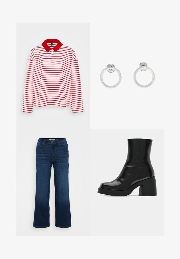 Koszula polo z długim rękawem, z czerwoną kołnierzykiem, posiadająca poziome czerwone i białe paski oraz luźny krój. Wykonana z miękkiej bawełny.; ONLY Petite ONLMADISON WIDE ciemnoniebieski; Czarne botki za kostkę o błyszczącej wykończeniu, kwadratowym czubku i grubym słupkowym obcasie. Projekt charakteryzuje się bezszwową sylwetką i minimalną marką.; Srebrne metalowe kolczyki w kształcie obręczy z matową teksturą, z okrągłym wzorem i przezroczystym zapięciem typu post, zapewniającym bezpieczne noszenie.