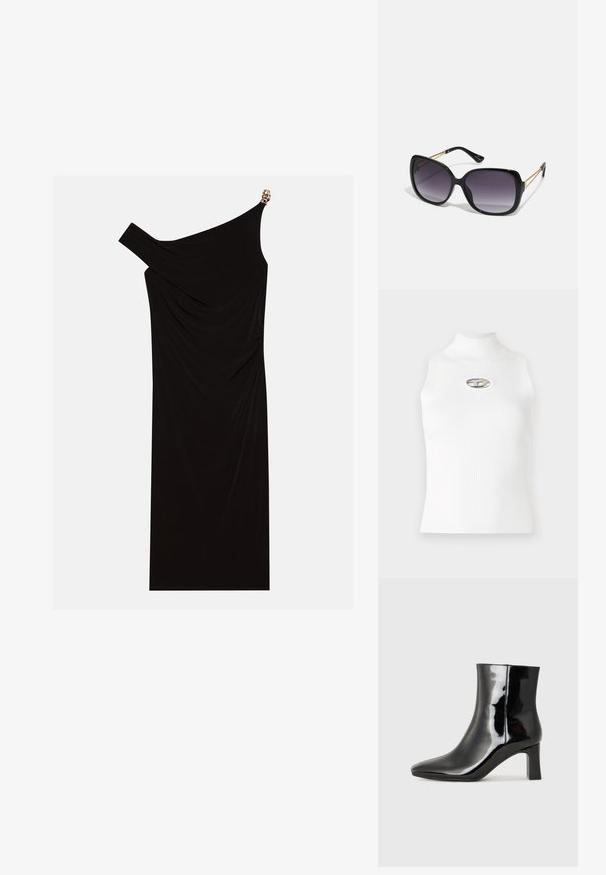 Top senza maniche bianco con colletto alto, texture a coste e un accento di logo metallico al centro. Tessuto liscio, design aderente.; Abito nero monospalla realizzato in tessuto drappeggiato, con un accento dorato sulla spalla, texture liscia e design alla lunghezza del ginocchio.; Stivaletto in pelle verniciata nera con punta a punta e tacco a blocco di altezza media. Texture liscia e design minimalista.; Occhiali da sole neri oversize con lenti sfumate, montatura spessa e dettagli in catena dorata sulle astine.