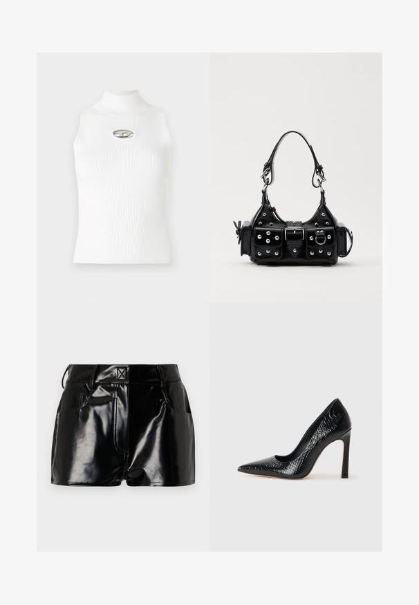 Balts bezpiedurkņu tops ar augstu apkakli, ribota tekstūra un metāla logotipa akcents centrā. Gluda auduma, pieguļošs dizains.; Melnas, spīdīgas šorti, izgatavoti no sintētiskā materiāla. Iezīmētais viduklis, jostas cilpas un priekšējās kabatas ar izteiktām šuvju detaļām.; Melni augstpapēžu apavi ar norādītu purngalu, ar krokodila ādas tekstūru, izceļoties ar elegantu dizainu, augstu stiletto papēdi un gludu melnu interjeru.; Melnas ādas rokturmais ar izliekumu, ar sudraba iedurtiem, sprādzi un divām sānu kabatām. Regulējams siksniņas garums dažādām nēsāšanas iespējām.