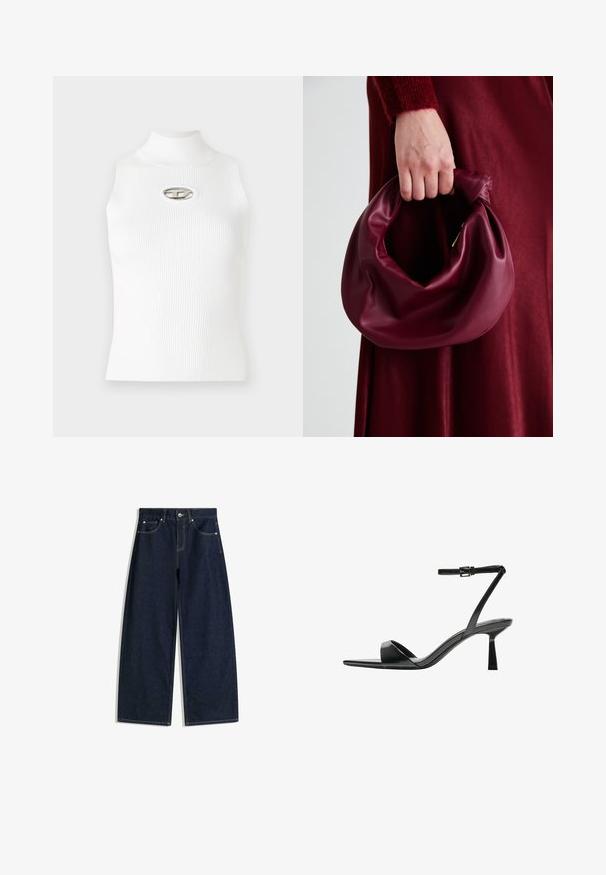 Hvid ærmeløs top med høj krave, ribbet tekstur og et metallisk logo som accent i midten. Glat stof, tætsiddende design.; Mørkeblå bukser i denim med vid ben, forlommer, knaplukning og synlige sømme på hvid baggrund.; Bershka Højhælede sandaletter / Højhælede sandaler - black; Bordeaux læderhåndtaske med et blødt, samlet design og en rund form. Håndtaget er sikret og viser en glat tekstur.
