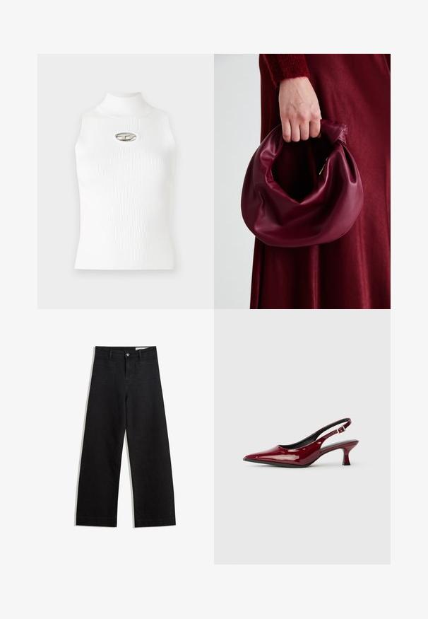 White sleeveless top with a high collar, ribbed texture, and a metallic logo accent in the center. Smooth fabric, fitted design.; Black wide-leg denim pants with a high waist, featuring front and back pockets, stitched seams, and a button closure. Smooth texture.; Burgundy patent leather slingback heels with a pointed toe and a sleek stiletto heel. Open back design with adjustable ankle strap detail.; Burgundy leather handbag with a soft, gathered design and a rounded shape. The handle is secured, showcasing a smooth texture.