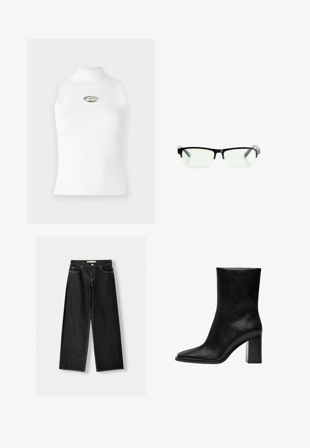 Weißes ärmelloses Top mit hohem Kragen, geripptem Textur und metallischem Logo-Akzent in der Mitte. Glatter Stoff, figurbetontes Design.; Schwarze Jeans mit weitem Bein aus Denim, mit fünf Taschen, metallischem Knopf und Reißverschluss und kontrastierenden gelben Nähten entlang der Nähte.; Schwarze Knöchelstiefel aus glattem Leder, mit einer spitzen Zehe und einem klobigen rechteckigen Absatz. Minimalistisches Design ohne Verzierungen.; Schwarze rechteckige Brille mit klaren Gläsern, ausgestattet mit schlanken schwarzen Rahmen und grauen transparenten Bügelspitzen. Minimalistisches Design, keine sichtbare Markenkennzeichnung.; Helle blaue Handtasche mit strukturierter Form, glattem Leder, zwei Griffen und einem dreieckigen Markenlogo auf der Vorderseite. Mit Reißverschluss.