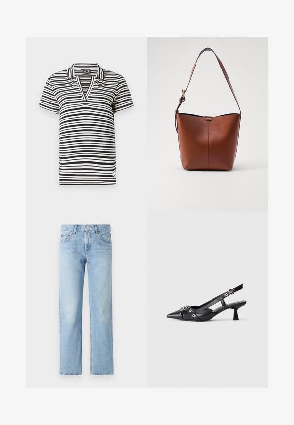 Černobílý pruhovaný polo triko s krátkým rukávem, V-výstřihem, ribbovanou texturou a značkovým štítkem na bočním lemu.; Světle modré džíny s rovného střihu, pěti kapsami, zapínáním na knoflík a zip a mírně vybledlým vzhledem.; Černé kožené slingback boty s špičatou špičkou, dekorativními pásky s kovovými očky a nízkým blokovým podpatkem. Texturovaný povrch.; Hnědá kožená taška přes rameno s zakřiveným tvarem, hladkou texturou a jedním tenkým popruhem. Obsahuje jemný šev a malý detail loga.