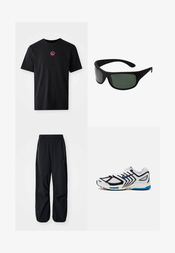 T-shirt preta da Nike com decote redondo, mangas curtas, um logótipo hexagonal vermelho no peito e um design texturizado em forma de V na frente.; Calças cargo leves e pretas com uma cintura elástica, zíperes laterais e bolsos espaçosos. Apresentam um corte solto e bainhas ajustadas.; Sapatilha atlética branca com detalhes pretos, painéis de malha e pormenores azuis. Possui uma sola texturizada e linhas de design elegantes.; Óculos de sol envolventes pretos com lentes verde-escuras. Acabamento matte, design curvo, com hastes retas e uma marcação sutil de lado.
