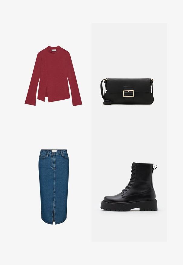 Rød ribbet langermet topp med høy hals. Har en asymmetrisk kant med sidesplitter og en jevn tekstur. Merket er synlig på innsiden.; Mørkeblå denim blyantskjørt med frontslitt, fem lommer og kontraststing. Midjehøyde med klassisk design.; Sorte skinn ankelstøvler med rund tå, snøring foran og tykk gummisåle med teksturert mønster. Håndtak bak.; Svart lær clutch-veske med klaff og detalj i gullmetall. Inkluderer en svart stropp og et strømlinjeformet, minimalistisk design.