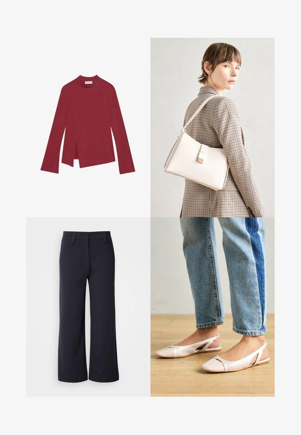 Rode geribde langemouwen top met een hoge halslijn. Heeft een asymmetrische zoom met zijsplitten en een gladde textuur. Label zichtbaar aan de binnenkant.; Wijd-zittende broek in donkerblauwe stof. Heeft een vlakke voorkant, riemlussen en zijzakken. Het materiaal is glad met een lichte stretch.; Zachtroze slingback ballerina's met een spitse neus, gemaakt van een glad leerachtig materiaal. Bevat uitsnijdingen aan de zijkanten en heeft een platte hak.; Witte leren handtas met een gestructureerd ontwerp, voorzien van een magneetsluiting en een schouderriem, tentoongesteld tegen een neutrale achtergrond.