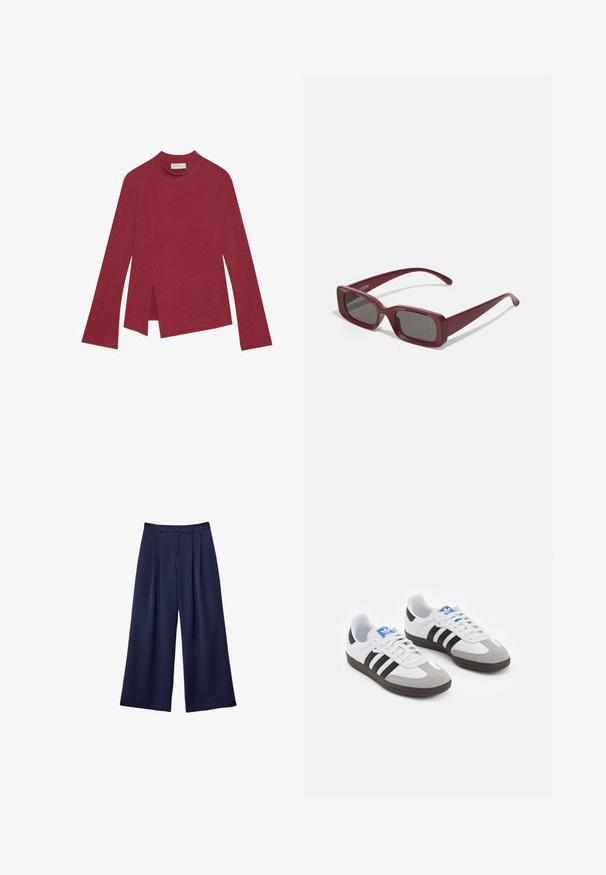 Crvena rebrasta majica dugih rukava s visokim ovratnikom. Ima asimetričnu donju ivicu sa bočnim prorezima i glatku teksturu. Unutrašnja oznaka vidljiva.; Tamnoplave široke hlače s plitkim naborima, s gumbom u struku i petljama za remen, prikazane ravno na bijeloj pozadini.; Sportske cipele s gornjištem od bijele kože, sivi suedinasti nos i tri crne pruge. Imaju plavi logo na jeziku i teksturiranu gumenu podlogu.; Burgundijske pravokutne naočale s tamnim lećama, debelim okvirom i suženim sljepoočnicama. Izrađene od sjajnog plastike s glatkom teksturom.; Bordo kožna torba s zakrivljenim oblikom, jednim remenom za rame i šivenim detaljima na sredini. Glatka tekstura, minimalni dodaci.
