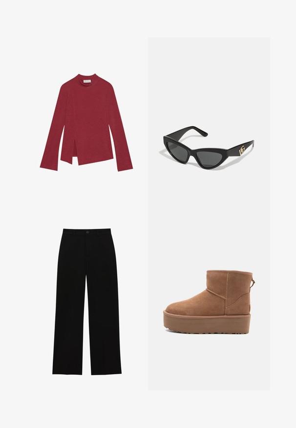 Červený žebrovaný top s dlouhým rukávem a vysokým výstřihem. Má asymetrický lem se bočními rozparky a hladkou texturu. Značka je viditelná uvnitř.; Černé, vysoké kalhoty s širokým střihem vyrobené z hladkého materiálu, s plochým předním dílem, zapínáním na knoflík a bez viditelných kapes.; Hnědé semišové kotníkové boty s platformou, zaoblenou špičkou a prošíváním; mají poutko vzadu pro snadné obouvání.; Sunglasses ve tvaru kočičích očí s matným černým plastovým rámem, tmavými skly a zlatým logem na stranu. Úhlový design a hladká textura.