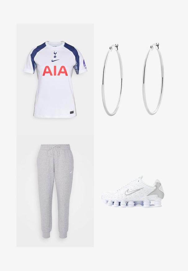 Maglia da football bianca a maniche corte con accenti blu navy, caratterizzata da un collo rotondo, grande logo rosso "AIA" e stemma della squadra sul petto.; Pantaloni della tuta grigi chiari con vita regolabile, gamba affusolata e un piccolo logo bianco sulla coscia sinistra. Realizzati in un morbido tessuto texture.; Scarpe sportive bianche con tomaia in rete, dettagli argentati e un design unico della suola a molla. Presentano un colletto imbottito e chiusura con lacci per una vestibilità ottimale.; Orecchini a cerchio in argento con una superficie liscia e lucida e una forma circolare sottile. Il design presenta una chiusura sicura.