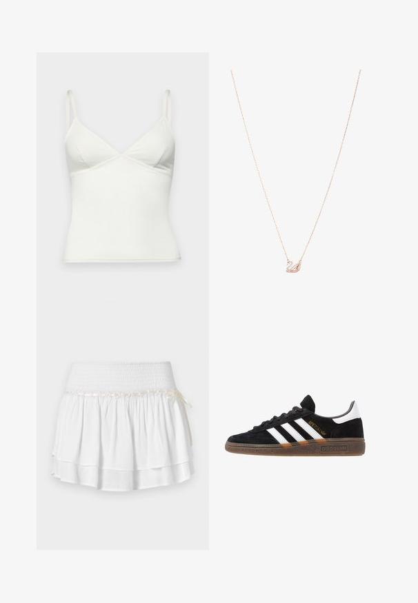 Fehér topp állítható pántokkal, V-nyakú, fitted fazon, sima textúra és finom hullámos díszítéssel a nyakvonal szélein.; Fehér, réteges szoknya rugalmas derékpánttal, texturált smokk részlettel és dekoratív szalaggal. Pamut anyag.; Fekete Adidas sneaker fehér csíkokkal, arany "Spezial" felirattal, gumitalppal és fehér saroktabbal, profil nézetben bemutatva.; Rózsaarany nyaklánc hattyú medállal, amelyet tiszta kristályok díszítenek. A lánc finom láncszemes kialakítású.