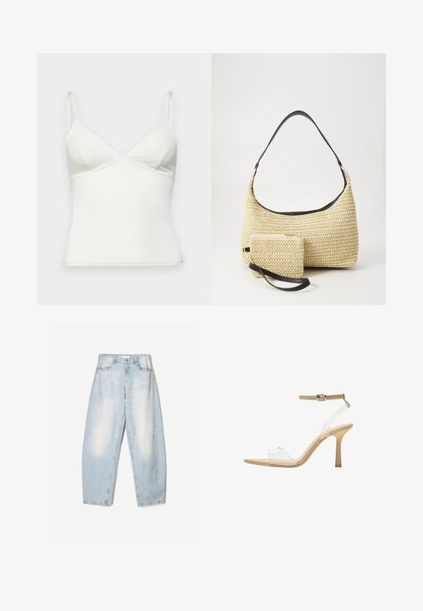Bijela majica bez rukava s podesivim naramenicama, v-izrezom, prilagođenim oblikom, glatkom teksturom i delikatnim valovitim rubom duž ivica izreza.; Svijetloplave traperice s širokim krojem, s izblijedjelim završetkom, dva prednja džepa i dugmetom za zatvaranje na struku.; Sandal s prozirnim potplatom i prozirnim gornjim dijelom, bež uloškom i tankim remenom oko gležnja. Ima špicasti vrh i tanak visoki potplat.; Tkana torba od slame s zakrivljenom siluetom, koja sadrži glatku crnu kožnu naramenicu i odgovarajući mali neseser koji je pričvršćen narukvicom.