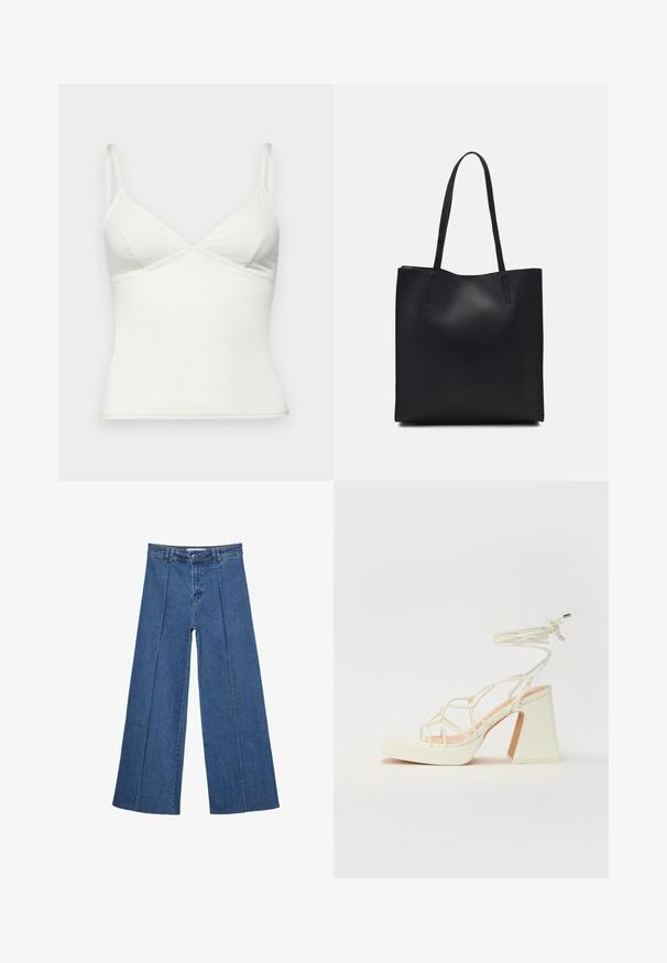 Biały top na ramiączkach z regulowanymi paskami, w kształcie litery V, dopasowany fason, gładka tekstura oraz delikatne falbany wzdłuż krawędzi dekoltu.; Jeans typu wide-leg w średnim niebieskim kolorze, z wysokim stanem, zapięciem na guziki oraz kontrastowymi szwami pionowymi z przodu.; Biała sandał na wysokim obcasie z masywnym słupkiem, z paskowym wzorem i wiązaniem przy kostce. Gładka faktura z platformą z przodu dla dodatkowej wysokości.; Czarna skórzana torba tote o gładkiej fakturze, prostokątnym kształcie i dwóch długich uchwytach. Brak widocznych elementów metalowych i ozdób.