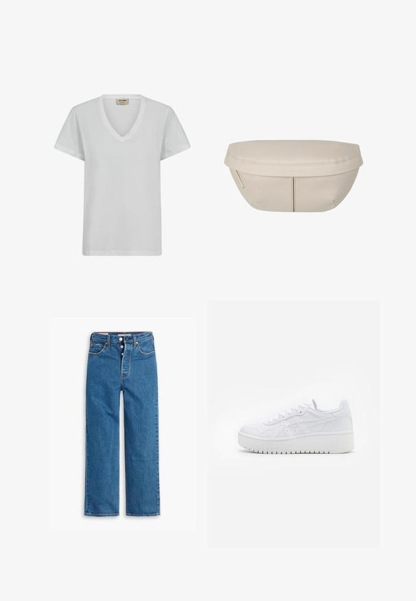 Hvid bomulds T-shirt med V-hals, korte ærmer og løs pasform. Glat tekstur med subtile syninger og uden mønstre.; Blå denim lige ben jeans med høj talje, fem lomme design og knaplukning. Markante syninger og kobberfarvede nitter.; Hvide platform sneakers med en glat læderoverflade, perforerede detaljer og flade snørebånd; har en tyk hvid gummisål.; Beige stofpung med en rund form, der har en flad top og subtile sømdetaljer. Inkluderer et minimalistisk logo og en sideløkke.