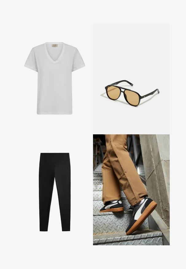 Hvid bomulds T-shirt med V-hals, korte ærmer og løs pasform. Glat tekstur med subtile syninger og uden mønstre.; Sorte leggings lavet af glat, strækbart stof. Har en bred talje og en tapered ben-design, velegnet til aktiv eller afslappet brug.; Sorte og grå ruskinds sneakers med hvide detaljer og såler i gummitræ, båret på tanfarvede bukser mens man bestiger metaltrapper.; Sorte solbriller med brune tonede linser; rektangulær form med en tyk ramme, herunder diskrete hardwaredetaljer på stængerne.