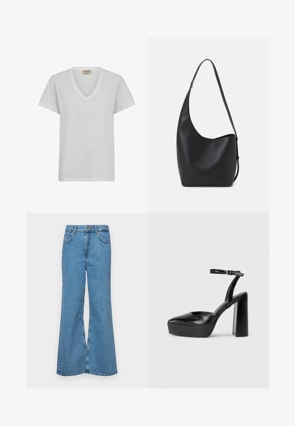T-shirt bianco in cotone con scollatura a V, maniche corte e vestibilità comoda. Tessuto liscio con dettagli di cucitura sottili e senza fantasie.; Jeans svasati di un blu chiaro, realizzati in denim, con vita alta, cinque tasche e chiusura a un bottone. Morbido al tatto con una finitura scolorita.; Tacchi a piattaforma neri con punta appuntita e cinturino regolabile alla caviglia. Realizzati in pelle liscia, presentano un tacco a blocco spesso.; Borsa hobo nera in pelle con una superficie liscia, forma curvata e una singola tracolla regolabile; presenta un'ampia apertura nella parte superiore.