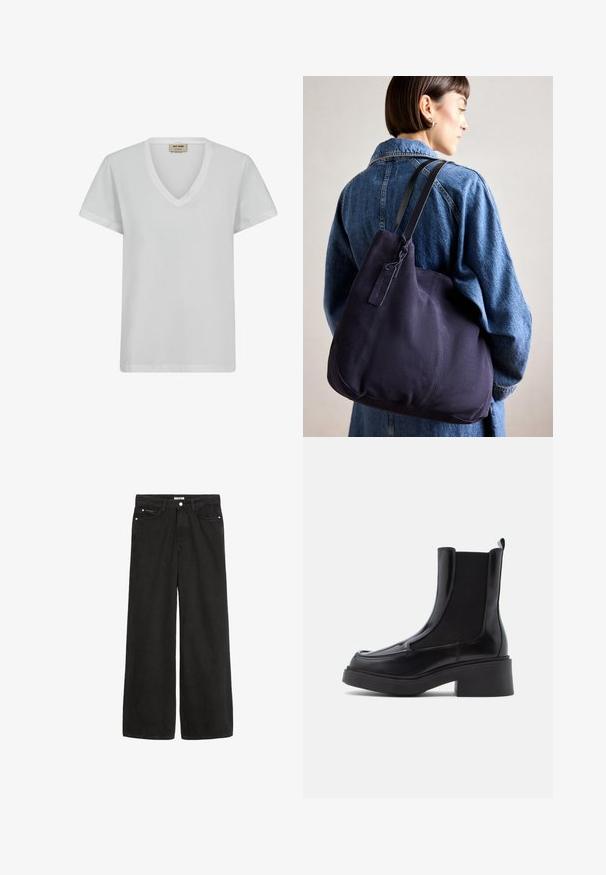 Biely bavlnený tričko s výstrihom do V, krátkymi rukávmi a voľným strihom. Hladká textúra s jemnými švovými detailmi a bez vzorov.; Široké čierne denímové džínsy s vysokým pásom. Obsahujú päť vreciek, kovové doplnky a čistý vzhľad. Textúra je hladká a jemná.; Čierne chelsea topánky s hrubým podpätkom, s lesklým koženým zvrškom a elastickými bočnými panelmi pre jednoduché obúvanie. Pevná gumová podrážka.; Námorná plátenná taška na rameno s mäkkým, štruktúrovaným tvarom, vybavená čiernym popruhom, prešívaním a malou značkovou visačkou.