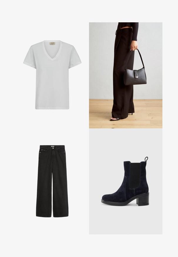 Bijela pamučna majica s V-izrezom, kratkim rukavima i opuštenim krojem. Glatka tekstura s suptilnim detaljima šivanja i bez uzoraka.; Crne traperice širokih nogavica s visokim strukom. Ima pet džepova, metalne detalje i čisti završetak. Tekstura je glatka i mekana.; Tamno plavi antilop čizmi do gležnja s elastičnom bočnom panelom, zaobljenim vrhom i blok petom. Teksturni materijal i glatka đon dodaju kontrast.; Crna torba s oblikom koji sadrži strukturu, glađu teksturu i metalnu kopču. Uparena s širokim crnim hlačama i sandalama na otvorenom s drvenog poda.