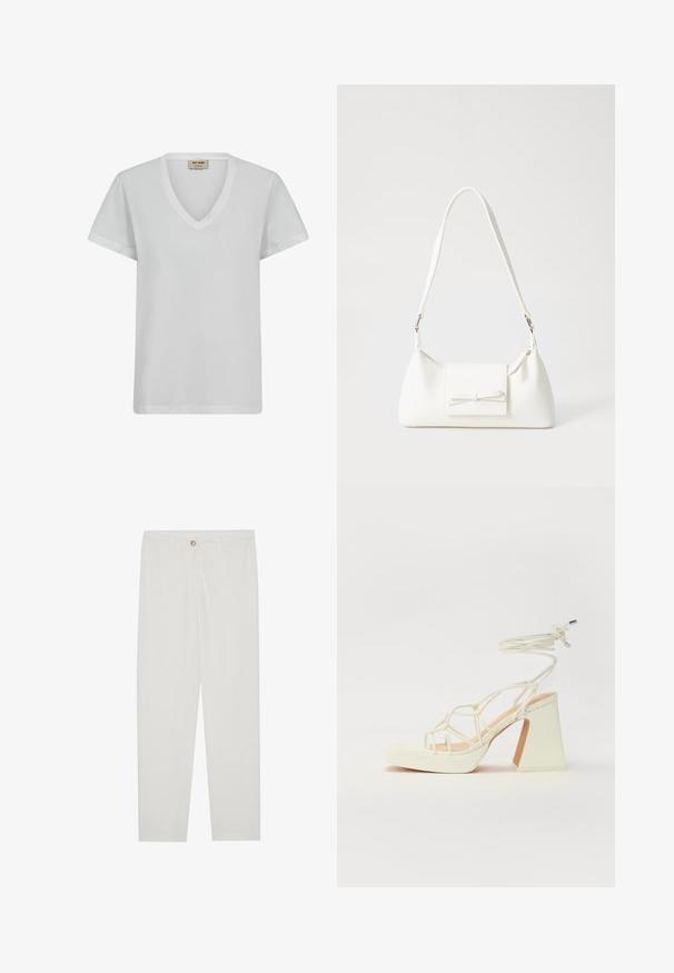 Valge puuvillane T-särk V-kaelusega, lühikeste varrukatega ja mugava lõikega. Sile tekstuur, peene õmbluse detailidega ja ilma mustriteta.; Valged kohandatud püksid sirge lõikega, varustatud nupuga kinnitusega, vöödega ja küljetaskutega; sile kangatekstuur.; Valged kõrge kontsaga sandaalid, millel on paks konts ja rihmadega disain koos pahkluu sidumisega. Sile tekstuur ja platvorm ees, et lisada kõrgust.; Valge sünteetilisest materjalist kott kolmnurkse kujuga, lame esiklapiga ja kaaredetailiga, reguleeritava rihmaga, sileda tekstuuriga ja minimalistliku disainiga.