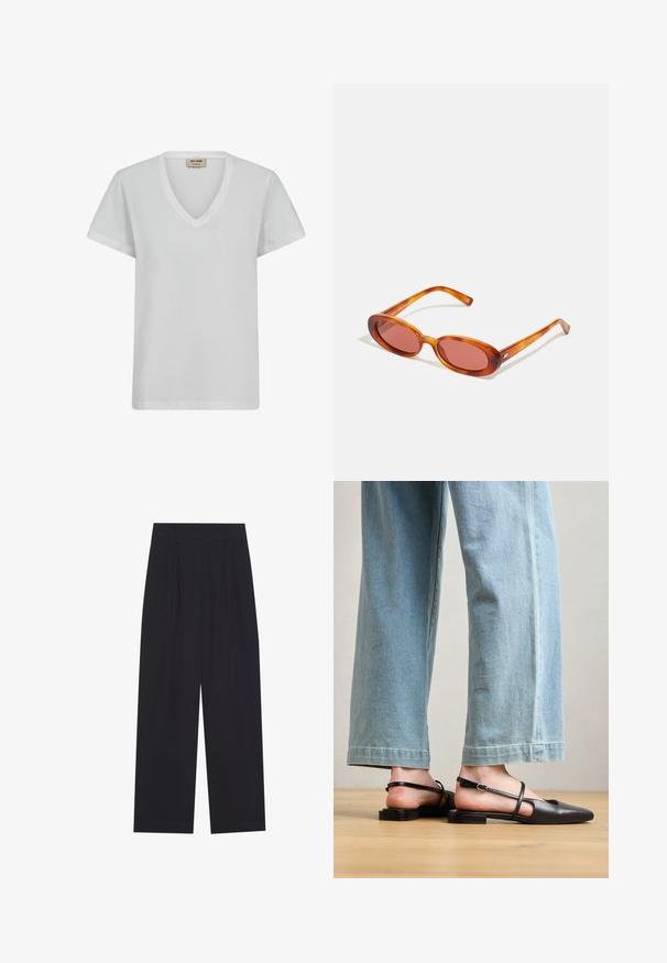 Hvid bomulds T-shirt med V-hals, korte ærmer og løs pasform. Glat tekstur med subtile syninger og uden mønstre.; Sorte vidde bukser lavet af et glat stof, med pilinger, en flad talje og uden synlige lommer eller udsmykninger.; Sorte læder slingback-sko med spidse tæer, flad hæl og ankelrem; båret med lyseblå viddebenede jeans.; Ovale solbriller med gennemsigtige orange stel og tonede linser. Slank design med slanke arme, der har diskrete brandingdetaljer.; Sorte læder crossbody taske med flaplukning, guldfarvede Hardware, justerbar rem og tekstureret overflade. Kompakt rektangulær form.