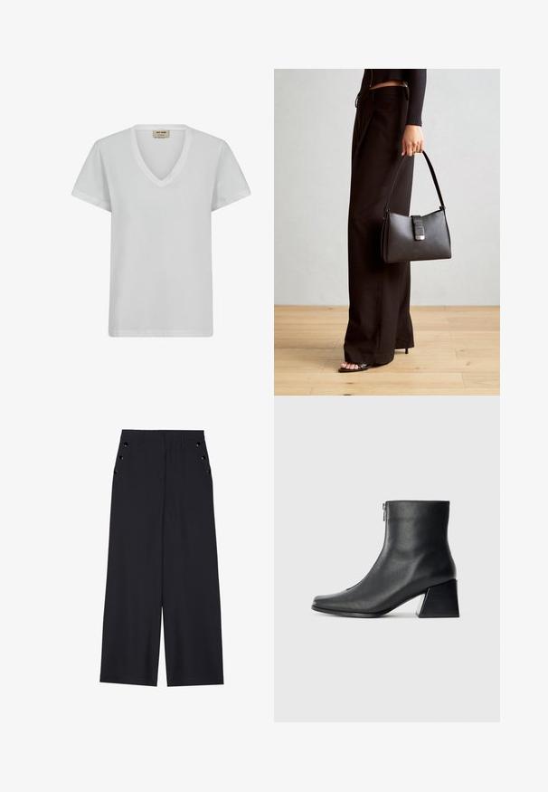 Valge puuvillane T-särk V-kaelusega, lühikeste varrukatega ja mugava lõikega. Sile tekstuur, peene õmbluse detailidega ja ilma mustriteta.; Laiad püksid tumesinises kangas, millel on sile tekstuur, ees pleedid ja dekoratiivsed kuldset värvi järgipuuaugud küljetaskutel.; Must musta ankle bot, mille ruudukujuline varvas, külgriiv ja plokk-konts, heledal taustal.; Must musta kott, millel on struktureeritud kuju, sile tekstuur ja metallist klamber. Kombineeritud laiate mustade pükstega ja avatud varvaste sandaalidega puidust põrandal.