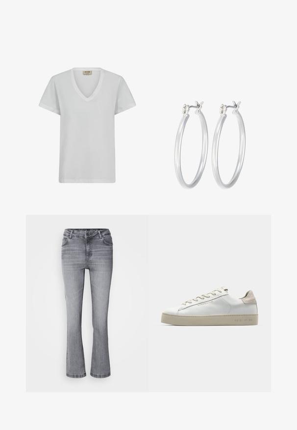 Valkoinen puuvillapaita, jossa on V-pääntie, lyhyet hihat ja rento istuvuus. Suuri tekstuuri hienovaraisilla ompeluyksityiskohdilla ilman kuvioita.; Harmaat leveälahkeiset farkut, joissa on viisi taskua, valmistettu denimistä. Varustettu vetoketjulla ja napilla suljettavalla vyötäröllä, sileä pinta ja hillitty pesu.; Valkoinen nahkakenkä, jossa on sileä pinta, beige mokkanahkavivahteita, pyöreä kärki, litteä nauhattava malli ja teksturoitu kumipohja.; Hope-silver rengas, joissa on sileä ja kiillotettu pinta. Pyöreä muoto ja turvallinen napsautettava lukitus. Kevyt muotoilu sopii päivittäiseen käyttöön.