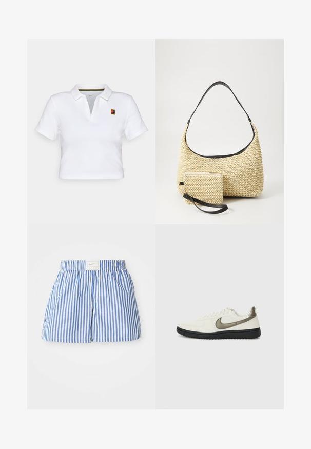 Balts īsām piedurknēm polo krekls ar apkakles dekoltē, kuram ir neliels krāsains Nike logo un daudzkrāsains svītrots akcentu iekšpusē apkakles.; Zili un baltas svītrainas šortus ar elastīgu jostu un birku, uz kuras ir Nike logo. Izgatavoti no viegla auduma ar gludu tekstūru.; Nike Sportswear FIELD GENERAL - Treniņu apavi - off-white/black; Auduma salmu rokassoma ar izliekta siluetu, kas ir aprīkota ar gludu melnu ādas rokturi un atbilstošu mazu maciņu, kas piestiprināts pie plaukstas siksniņas.