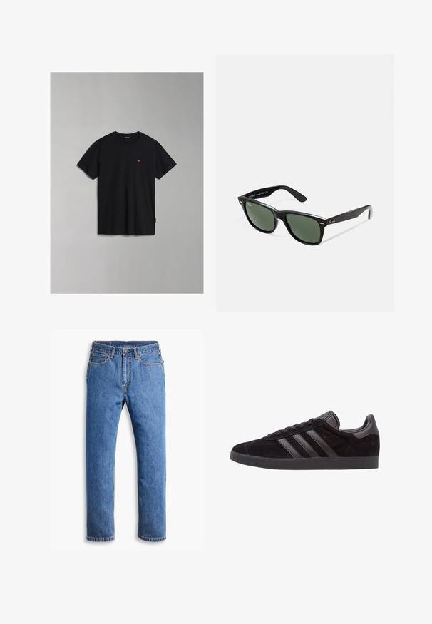 Fekete pamut póló kerek nyakkal és rövid ujjakkal. Kis logó részlet található a mellkason és egy oldalcímke. Sima textúra.; Kék farmernadrág egyenes szabással, öt zsebbel, gombos záródással és narancssárga varrási részletekkel, tiszta fehér háttér előtt.; Fekete velúr sportcipők, textúrált gumitalppal, három fekete bőrcsíkkal, lekerekített orral és párnázott bokakollárral.; Fekete műanyag napszemüveg zöld lencsékkel, négyzet alakú kerettel, ezüst díszítéssel a keret felső részén, valamint texturált szárakkal. A márka neve a belső száron található.