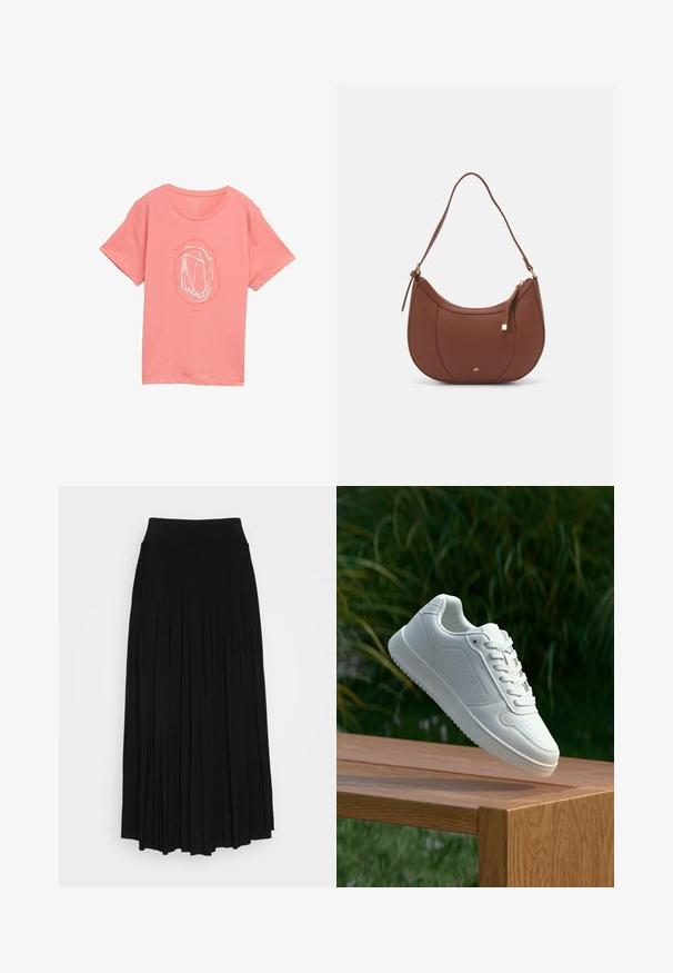Svetloružové tričko vyrobené z jemnej tkaniny s bielym abstraktným dizajnom v strede, s okrúhlym výstrihom a krátkymi rukávmi.; Čierna plisovaná sukňa s vysokým, elastickým pásom. Vyrobená z mäkkej látky, pričom má vertikálne plisovanie pre plynulý siluetu.; Biele tenisky s hladkým syntetickým zvrškom, perforovanou špičkou, plochými šnúrkami a textúrovanou podrážkou, vystavené na drevenej ploche.; Hnedá umelá kožená taška cez rameno s zakriveným tvarom, minimalistickým šitím a zlatými akcentami. Obsahuje zips na vrchu a nastaviteľný popruh.