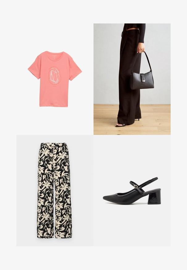 Gaiša rozā t-kreklu, kas izgatavots no mīksta auduma, ar baltu abstraktu dizainu vidū, apaļu apkakli un īsām piedurknēm.; Melni platie bikses ar krēmkrāsas ziedu rakstu. Izgatavotas no viegla auduma, kuram ir gluda tekstūra un augsta jostasvietas daļa.; Melns patentēts ādas sandales ar norādīta pirksta formu, noapaļotu izgriezuma dizainu un bloķētu papēdi. Iezīmēta ar zelta toņa sprādzi.; Melnā somiņa ar strukturētu formu, gludu tekstūru un metālu sprādzi. Saskaņota ar platām melnām biksēm un sandālēm ar atvērtu purngalu uz koka grīdas.