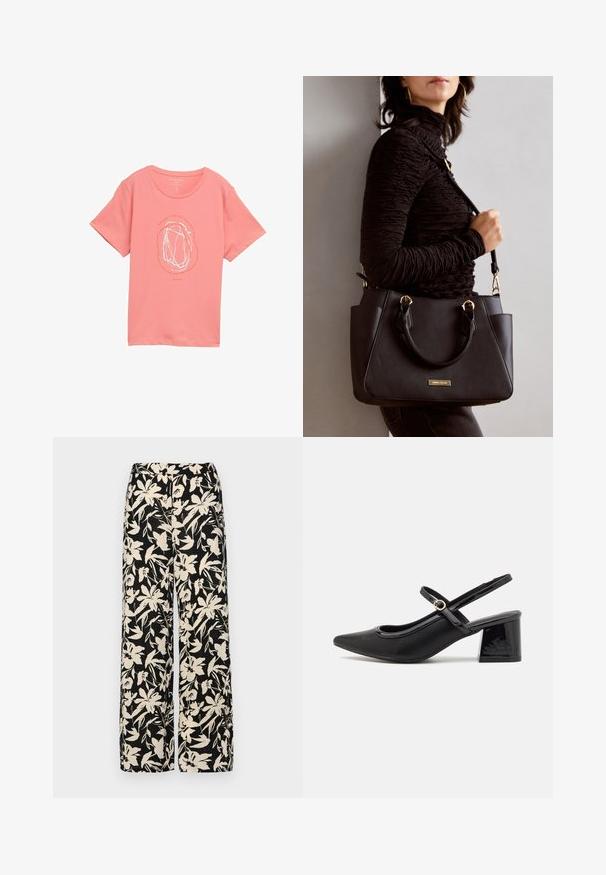 Svetlo roza majica iz mehkega blaga, ki ima v središču bel abstrakten vzorec, okrogli izrez in kratke rokave.; Črne široke hlače z kremnim cvetličnim vzorcem. Narejene so iz lahkega blaga, ki ima gladko teksturo in visok pas.; Črne patentne usnjene salonarce s slingback obliko, s koničastim nosom, zaobljenim izrezom in blok peto. Imajo zlato kovinsko zaponko kot dodatno okrasje.; Črna torbica z teksturirano površino, z dvema zgornjima ročajema in nastavljivim ramenskim pasom. Ima zlatovrateče dodatke in stranske žepe.