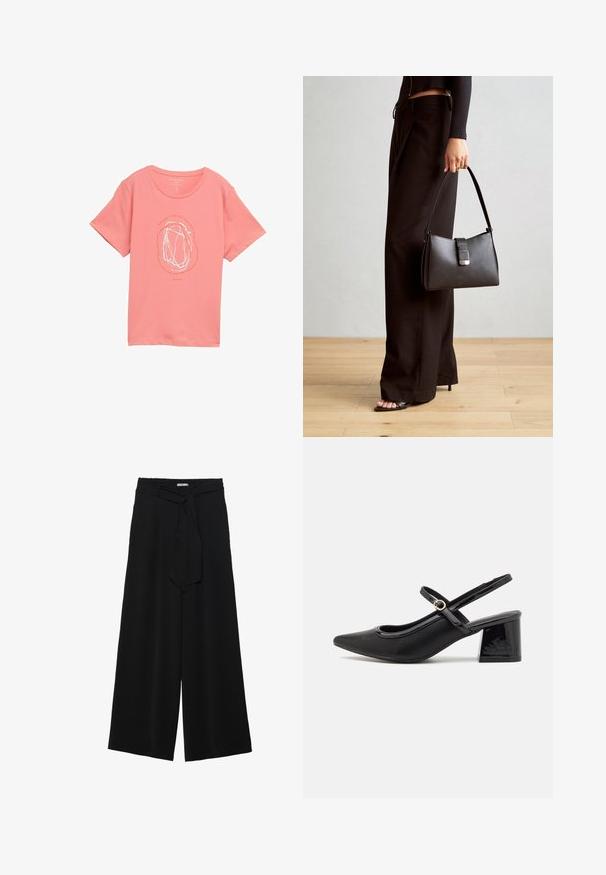 Šviesiai rožinė marškinėlių suapvalintu iškirpimu, pagamintas iš minkštos medžiagos, su baltu abstrakčiu raštu centre ir trumpomis rankovėmis.; Juoda plačių kojų kelnės, pagamintos iš tekstūruoto audinio, su elastingu juosmeniu ir atsegamu diržu juosmenyje, leidžiančiu reguliuoti dydį.; Juodi patentinio odos slingback aukštakulniai su smailiu pirštu, apvaliu išpjovimu ir blokiniu kulnu. Papuošti auksiniu juostos akcentu.; Juodas rankinė struktūrizuota forma, lygi tekstūra ir metalinis užsegimas. Suporuota su plačiomis juodomis kelnėmis ir atvirais bateliais ant medinių grindų.