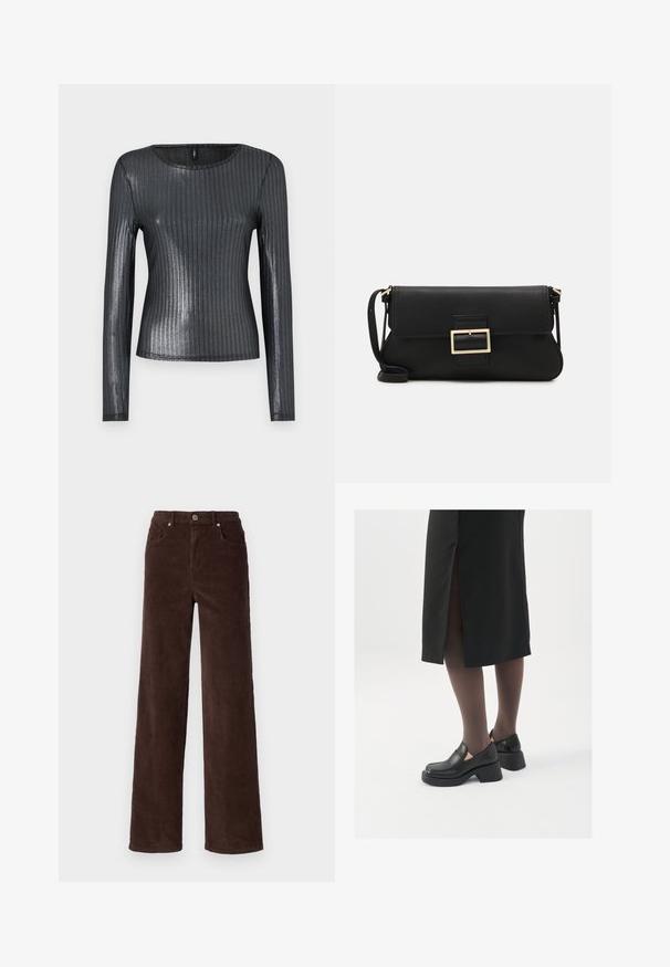 Garais piedurknes pieguļošs tops tumši pelēkā metāla audumā ar vertikālu ribu tekstūru, apaļu kakla izgriezumu un bezšuvēm piedurknēm.; Vero Moda VMTESSA WIDE PANTS - Auduma bikses - chocolate torte; Melni ādas apavi ar noapaļotu purngalu, biezām bloku papēžiem un elastīgiem sānu akcentiem, apvienoti ar tumšām zeķubiksēm un melnu svārku ar šķirbu.; Melnas ādas saķeres soma ar atloku un zelta metāla sprādzi. Ietver melnu siksnu un elegantu, minimālistisku dizainu.