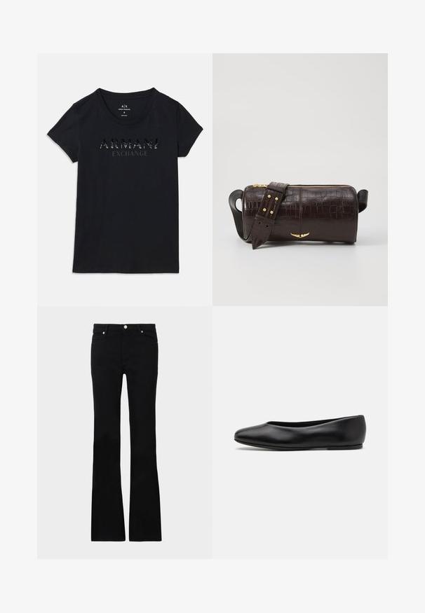 Musta lyhythihainen Armani Exchange -t-paita, jossa on pyöreä kaula-aukko ja "ARMANI EXCHANGE" -logo kiiltävällä, pistepainatuksella rinnassa.; Mustat levenevät farkut, valmistettu denimi- materiaalista, varustettu kahdella etutaskulla, napin sulkimella ja sileällä pinnalla. Alussa näkyviä erityisompeleita.; Paul Smith TOPANGA - Ballerinat - black; Ruskea krokotiilinkuosilla varustettu nahkalaukku, jossa on sylinterimäinen muoto, kultasävyiset yksityiskohdat ja irrotettava hihna, jossa on niittejä.