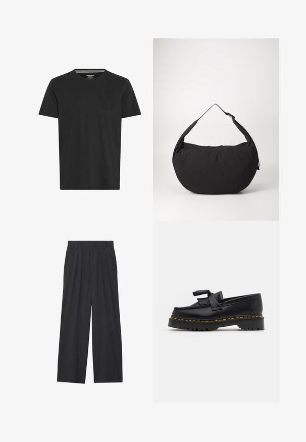 Black short-sleeve T-shirt made of cotton. Features a crew neck and a small pocket on the left chest. Smooth texture and simple design.; Wide-leg trousers made of dark gray fabric. Features pleats at the waist, a tailored design, and a straight silhouette.; Black leather loafer with a tasseled accent, featuring a chunky black sole and yellow stitching along the edge. Textured finish.; Black fabric shoulder bag with a curved shape, featuring a single strap and a zippered closure. Soft texture, minimalist design.
