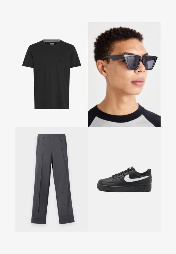 Melnas īsām piedurknēm T-kreklas, izgatavots no kokvilnas. Funkcijas apaļa kakla izgriezums un maza kabata kreisajā krūtī. Gluda tekstūra un vienkāršs dizains.; Pelēkas sporta bikses no strukturētas auduma ar brīvu piegriezumu, aprīkotas ar sānu rāvējslēdzēja kabatām un nelielu logotipu priekšpusē.; Melni Nike Air Force 1 kedai ar gludu ādas virsu, balti logotipa akcenti, perforētu purngals un teksturēta gumijas zole.; Melna leņķainu saulesbrilles ar tumšiem stikliem, ar drosmīgu ģeometrisku dizainu un matētu apdari. Valkā persona ar īsiem matiem.