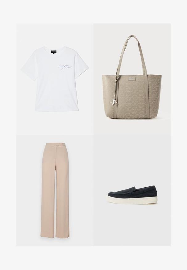 Bílý bavlněný tričko s krátkým rukávem, kulatým výstřihem a modrým vyšitým textem na hrudi. Jednoduchý, volný střih.; Beige kalhoty s širokými nohavicemi vyrobené z lehkého materiálu. Mají hladký povrch, přední kapsy a decentní design pasu.; Námořnické semišové nazouvací boty s kulatou špičkou, kontrastní bílou gumovou podrážkou a minimálním prošitím podél švů.; Tan tote taška vyrobená z texturovaného syntetického materiálu, zdobená celoplošným geometrickým vzorem, s dvojitými uchy a stříbrným přívěskem.