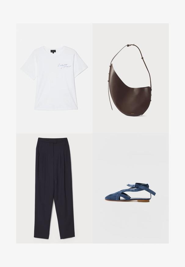Biała koszulka bawełniana z krótkim rękawem, okrągłym dekoltem oraz niebieskim haftowanym napisem na piersi. Prosty, luźny krój.; Ciemnoniebieskie spodnie wykonane z miękkiej tkaniny, z plisami i prostą nogawką, standardowym pasem i bocznymi kieszeniami.; Emporio Armani - Sandały; Brązowa skórzana torebka o zakrzywionym kształcie, z jedną rączką i minimalistycznym designem. Posiada subtelne logo oraz złote akcenty.